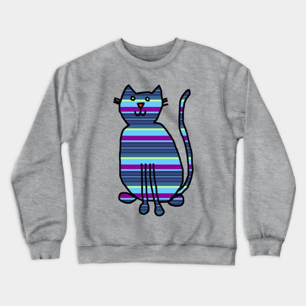 Cat Blue Stripes Crewneck Sweatshirt by ellenhenryart